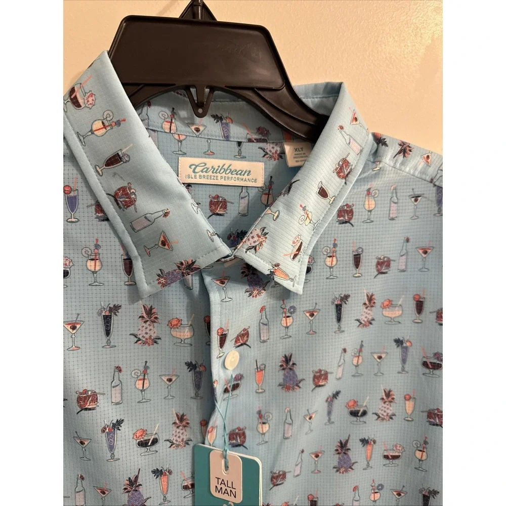 Caribbean mens SHIRT PERFORMANCE isle breeze stretch blue drinks XLT NEW $69.50‎